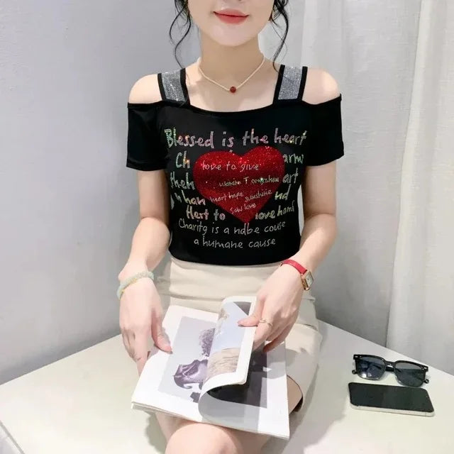 M-3XL Streetwear Girl Summer Cartoon Design Hot Diamonds T-Shirt Women Sexy Off Shoulder Slim Mesh Tops Chic Luxury Flower Tees