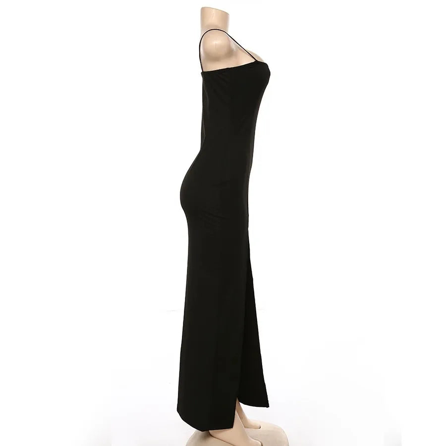 Spring and autumn camisole dress, straight neck, thin shoulder straps, split A-line long skirt