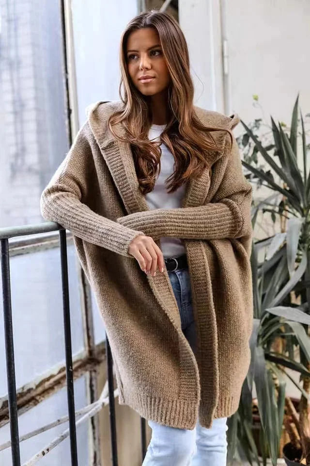 2024 Autumn Winter Cozy Chic Hooded Cardigan Women's Casual Knit Sweater Coat Elegant Batwing Sleeve Pocket Long Jacket Jumpers