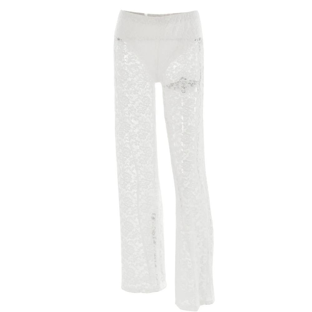 Fantoye Sexy See Through Lace Women Pant White Hollow Out High Waist Two Piece Sets Female Autumn Casual Outside Streetwear 2024