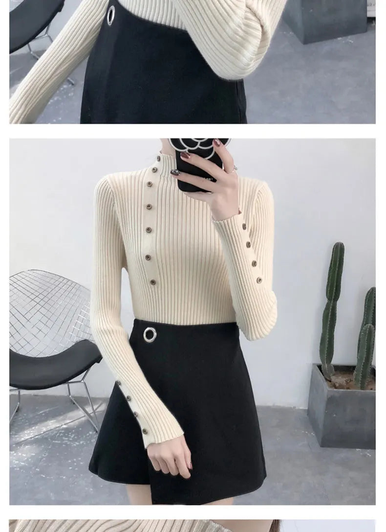 2024 Women Autumn Knitted Slim Sweaters Solid Knitted Female Cotton Soft Elastic Color Pullovers Button Full Sleeve Turtleneck