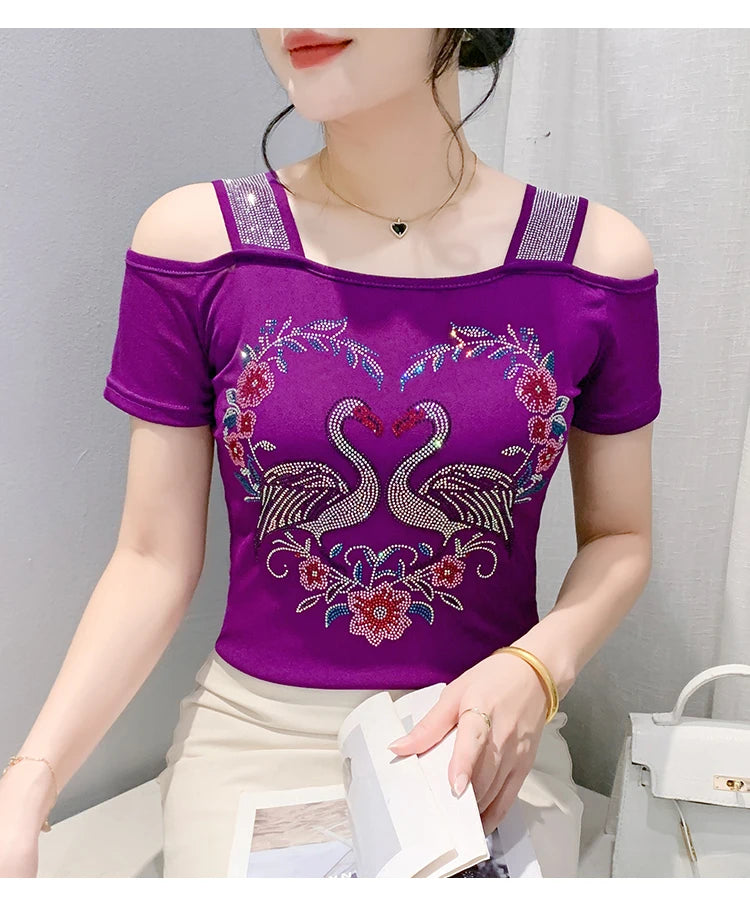 M-3XL Streetwear Girl Summer Cartoon Design Hot Diamonds T-Shirt Women Sexy Off Shoulder Slim Mesh Tops Chic Luxury Flower Tees