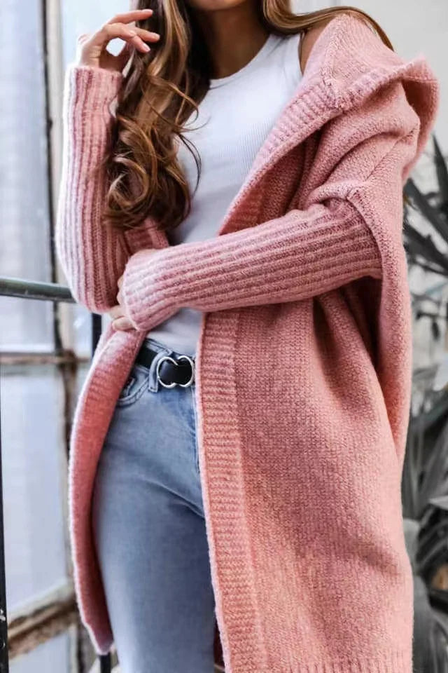 2024 Autumn Winter Cozy Chic Hooded Cardigan Women's Casual Knit Sweater Coat Elegant Batwing Sleeve Pocket Long Jacket Jumpers