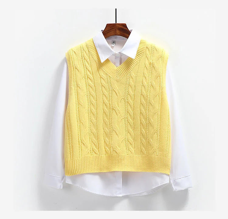 Korean Fashion Women's Sweater Vest 2024 New Spring Autumn Twist Knitted Loose V Neck Sleeveless Pullover Female Jupmer Tops