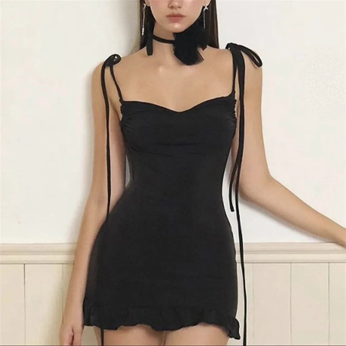 Ruffles Backless Sleeveless Short Dress Women Y2K Summer Lace Up Bodycon Black Dresses Sexy Elegant Party Vintage Female Robes