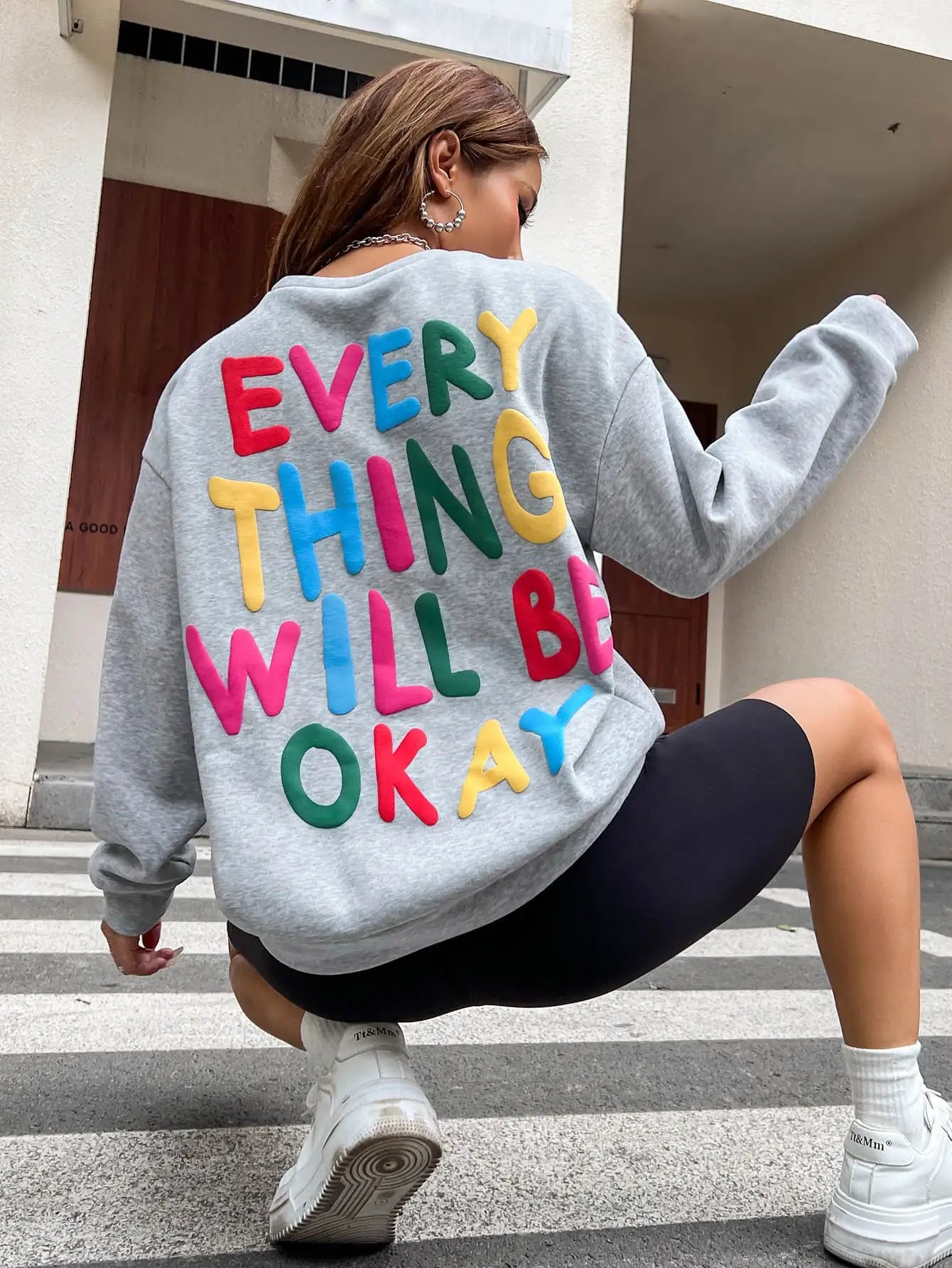 Fashion Womans Sweatshirt Everything Will Be Okay Letter Printed Pullover Loose Warm Crewneck Hoodies Casual Female Clothing