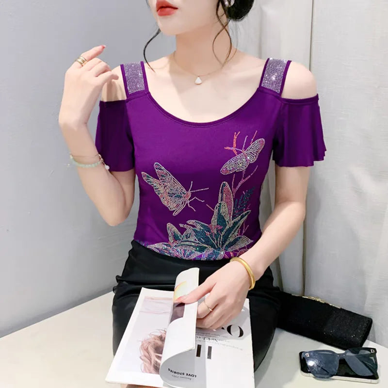 M-3XL Streetwear Girl Summer Cartoon Design Hot Diamonds T-Shirt Women Sexy Off Shoulder Slim Mesh Tops Chic Luxury Flower Tees