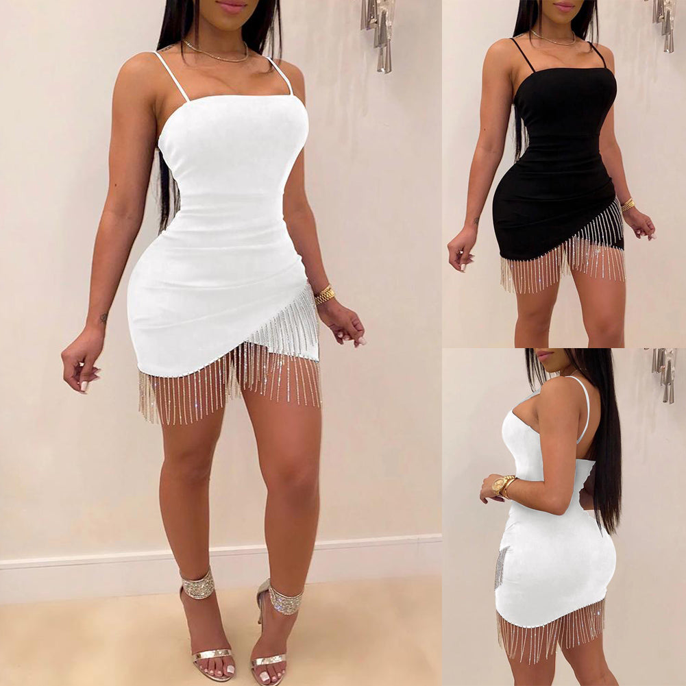 New Woman Party Night Birthday Tassel Split Sleeveless Bodycon Dress Summer Elegant Suspender Short Mini Pencil Sexy Dresses