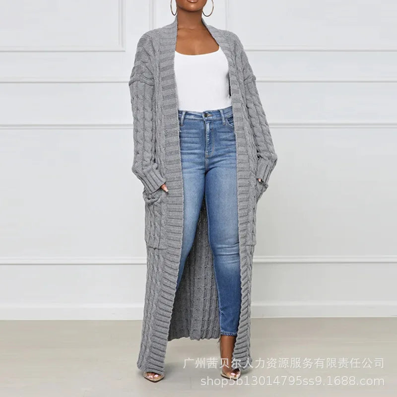 Open Front Cable Knit Longline Cardigan Women Long Sleeve Loose Fashion Casual Open Cardigan Knitwear Solid Color