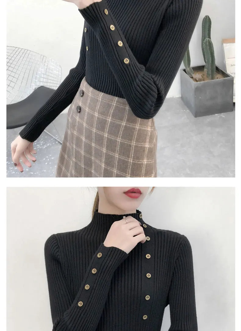 2024 Women Autumn Knitted Slim Sweaters Solid Knitted Female Cotton Soft Elastic Color Pullovers Button Full Sleeve Turtleneck