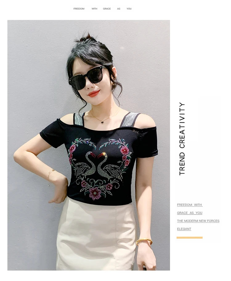 M-3XL Streetwear Girl Summer Cartoon Design Hot Diamonds T-Shirt Women Sexy Off Shoulder Slim Mesh Tops Chic Luxury Flower Tees