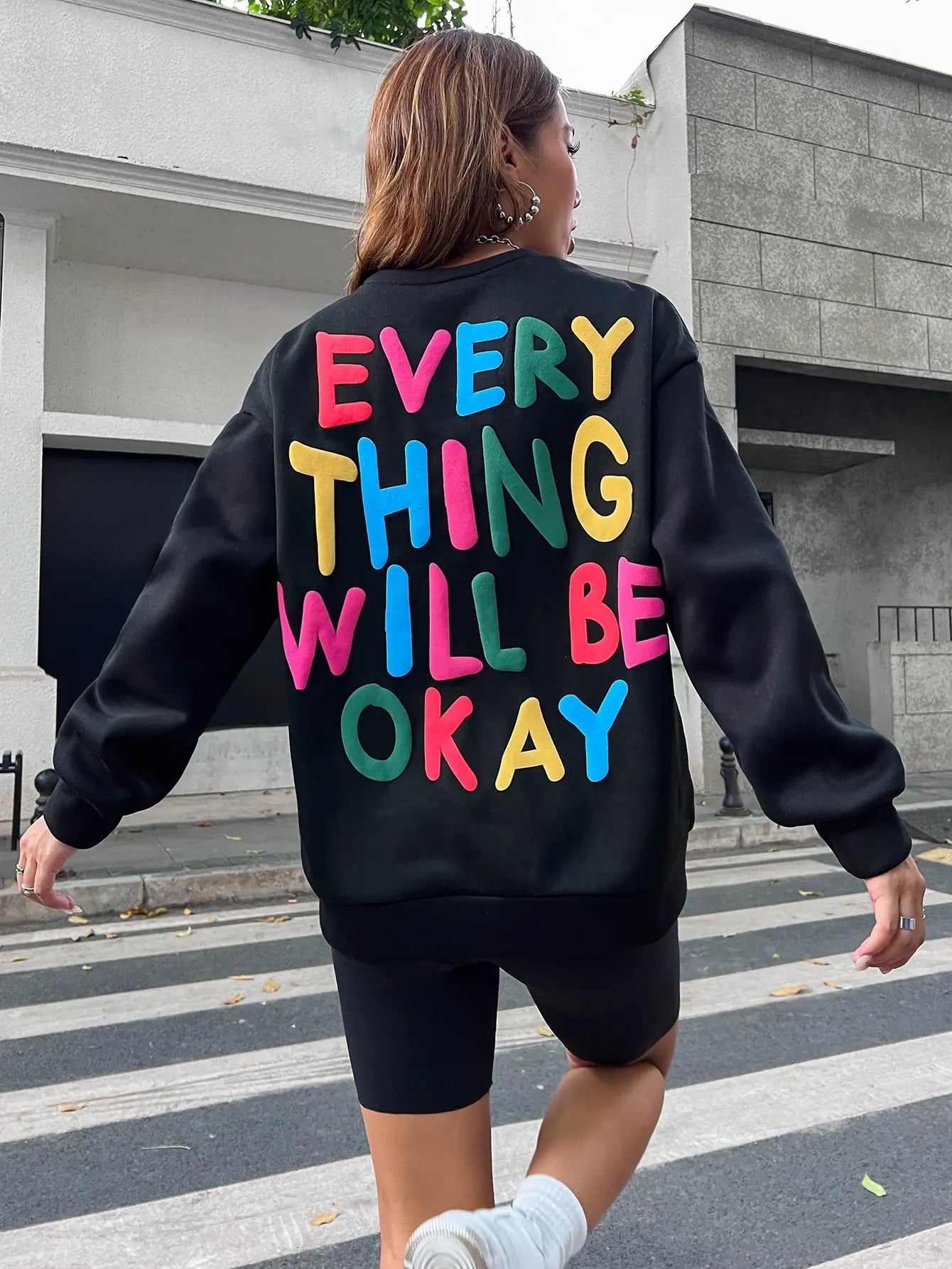 Fashion Womans Sweatshirt Everything Will Be Okay Letter Printed Pullover Loose Warm Crewneck Hoodies Casual Female Clothing