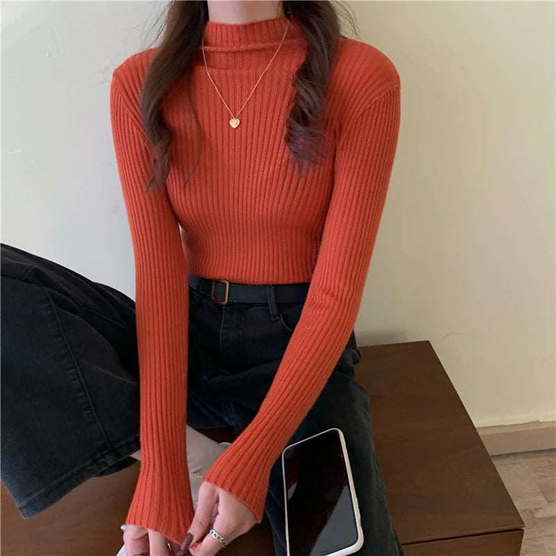 Autumn Winter Knitted Sweater Women Pullovers Korean Turtleneck Long Sleeve Pullover Female Jumper Green Knitwear Chic Jumpers