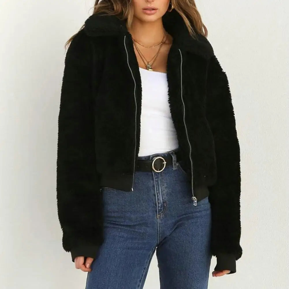 Women Winter Coat Thick Plush Long Sleeve Women Coat Zip Up Soft Warm Lapel Casual Elastic Cuff Outdoor Short Jacket