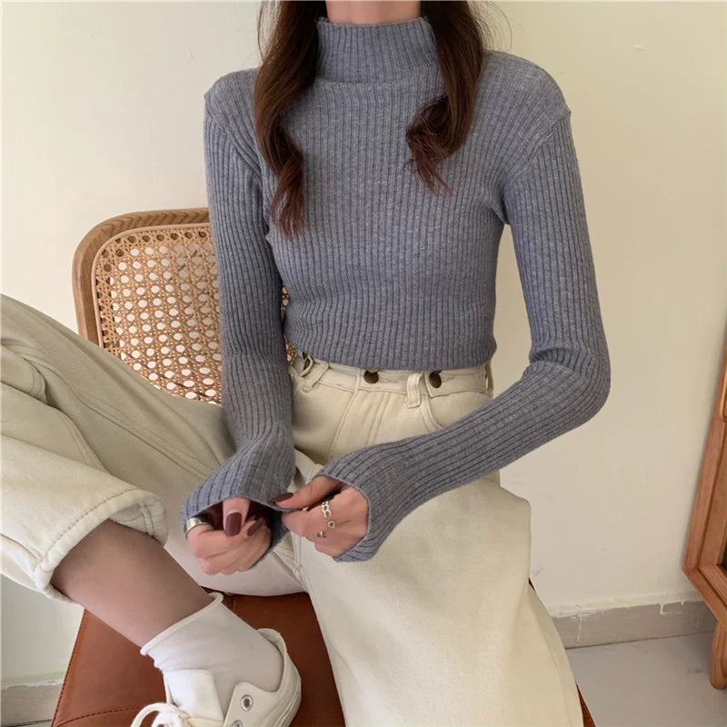 Autumn Winter Knitted Sweater Women Pullovers Korean Turtleneck Long Sleeve Pullover Female Jumper Green Knitwear Chic Jumpers