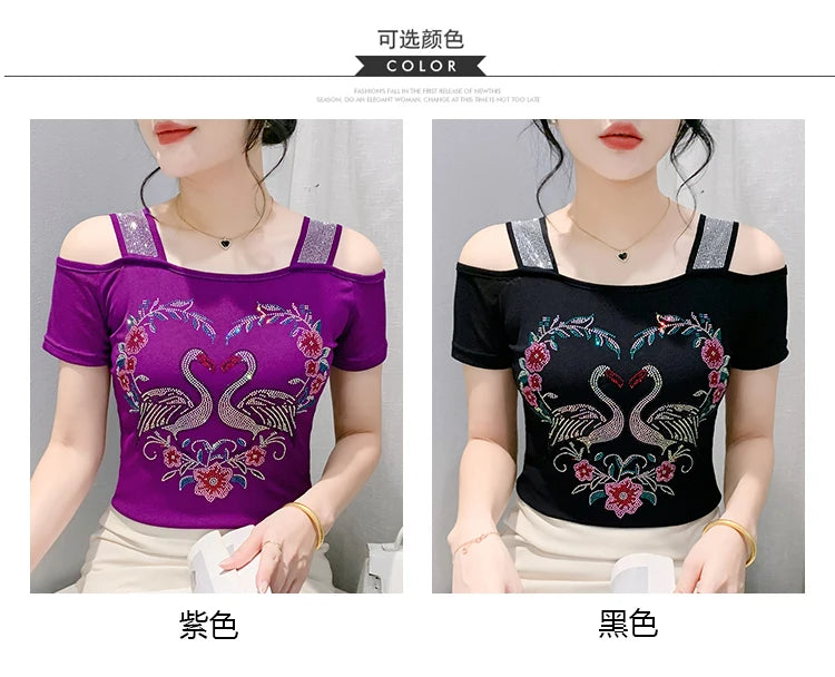 M-3XL Streetwear Girl Summer Cartoon Design Hot Diamonds T-Shirt Women Sexy Off Shoulder Slim Mesh Tops Chic Luxury Flower Tees