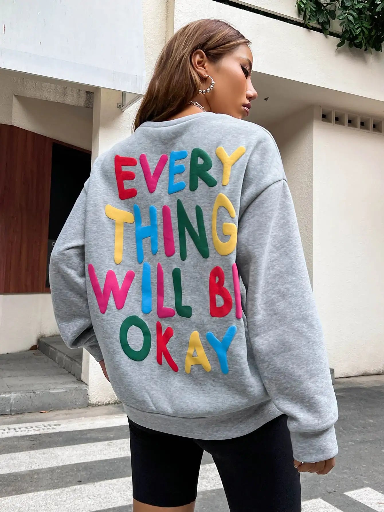 Fashion Womans Sweatshirt Everything Will Be Okay Letter Printed Pullover Loose Warm Crewneck Hoodies Casual Female Clothing