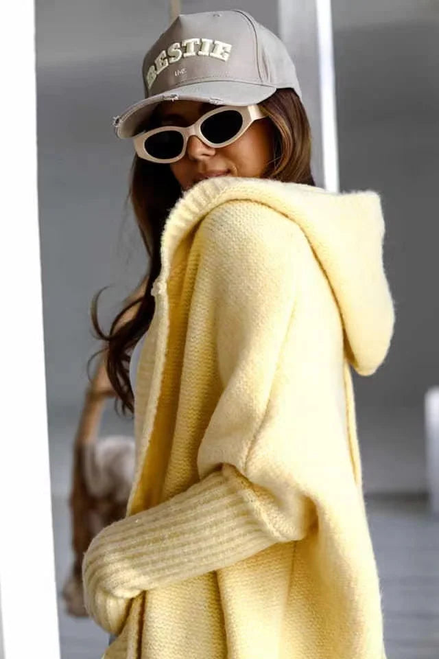 2024 Autumn Winter Cozy Chic Hooded Cardigan Women's Casual Knit Sweater Coat Elegant Batwing Sleeve Pocket Long Jacket Jumpers