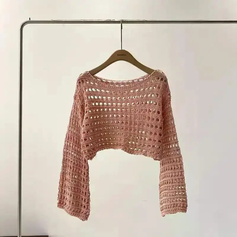 2024 Y2K Long Sleeve Crochet Knit Top Summer Beach Bikini Cover Up Crop Pullover Wool Knitwear Blouse Women Vacation Boho Outfit