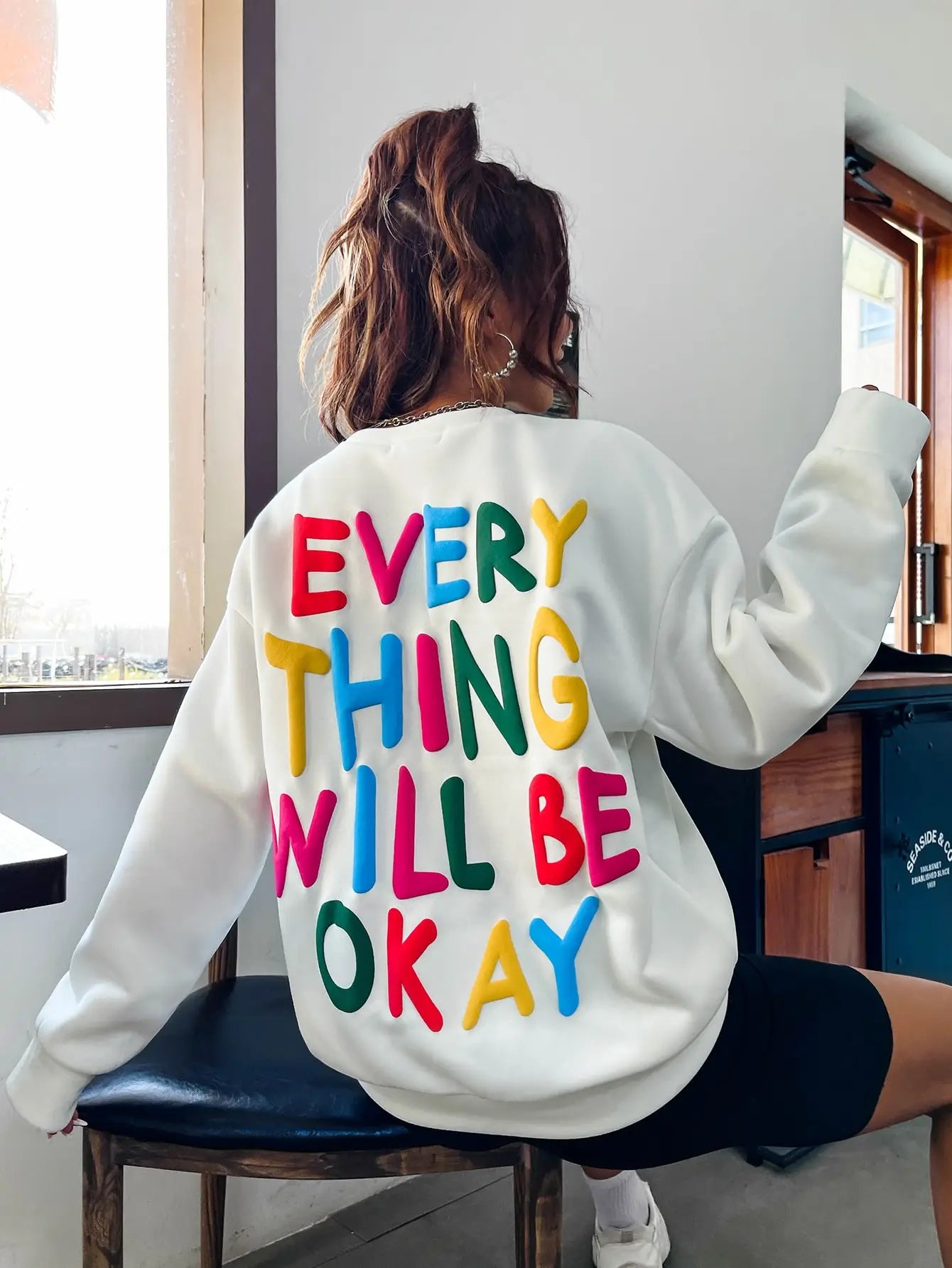 Fashion Womans Sweatshirt Everything Will Be Okay Letter Printed Pullover Loose Warm Crewneck Hoodies Casual Female Clothing