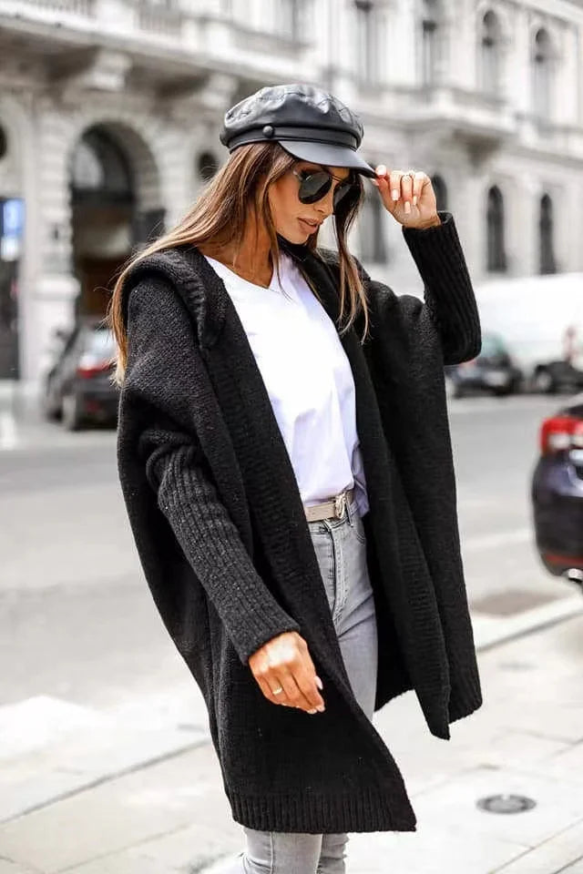 2024 Autumn Winter Cozy Chic Hooded Cardigan Women's Casual Knit Sweater Coat Elegant Batwing Sleeve Pocket Long Jacket Jumpers