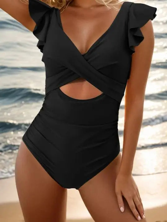 New one-piece slim solid color printed cross hollow ruffle swimsuit for women