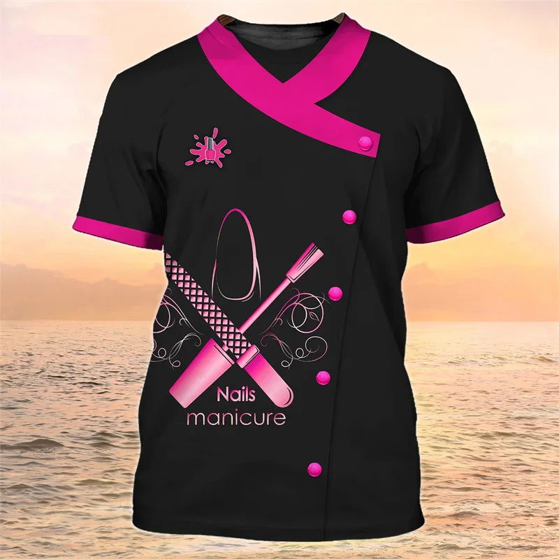 Manicure Pattern T-Shirt For Women Fingernail Polish 3D Printed Tees Summer Loose Tops Uniforms Short Sleeves O-Neck T Shirts