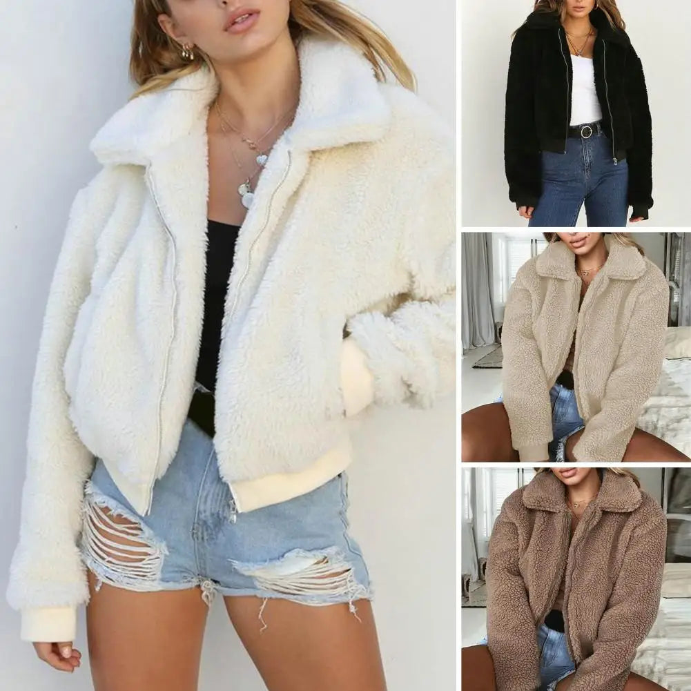 Women Winter Coat Thick Plush Long Sleeve Women Coat Zip Up Soft Warm Lapel Casual Elastic Cuff Outdoor Short Jacket