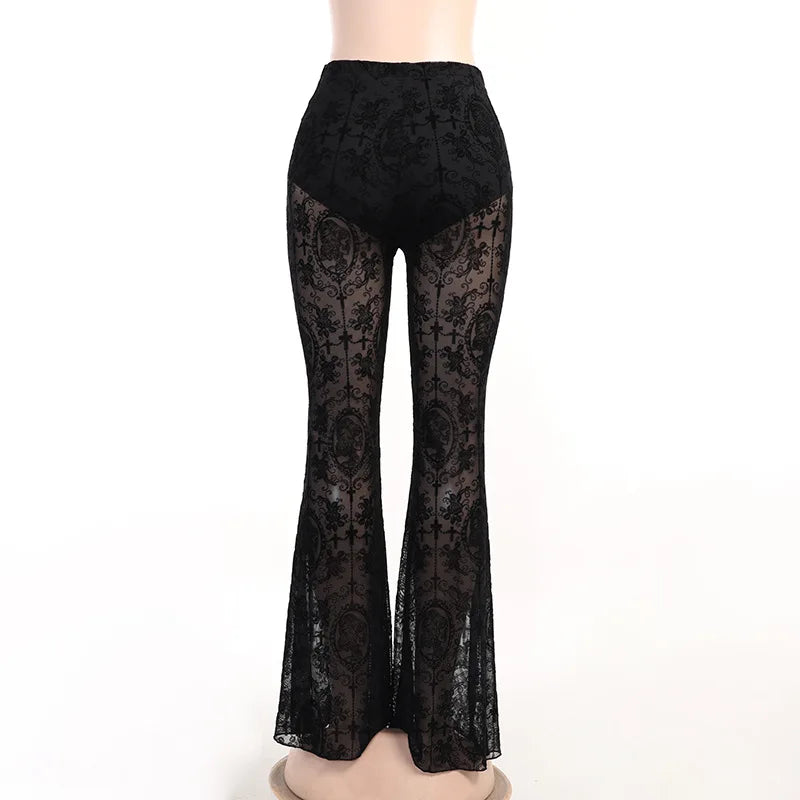 Goth Dark Vintage Flocking Mall Gothic Sexy Flare Pants Grunge See Through Mesh High Waist Women Trousers Punk Slim Alt Clothing