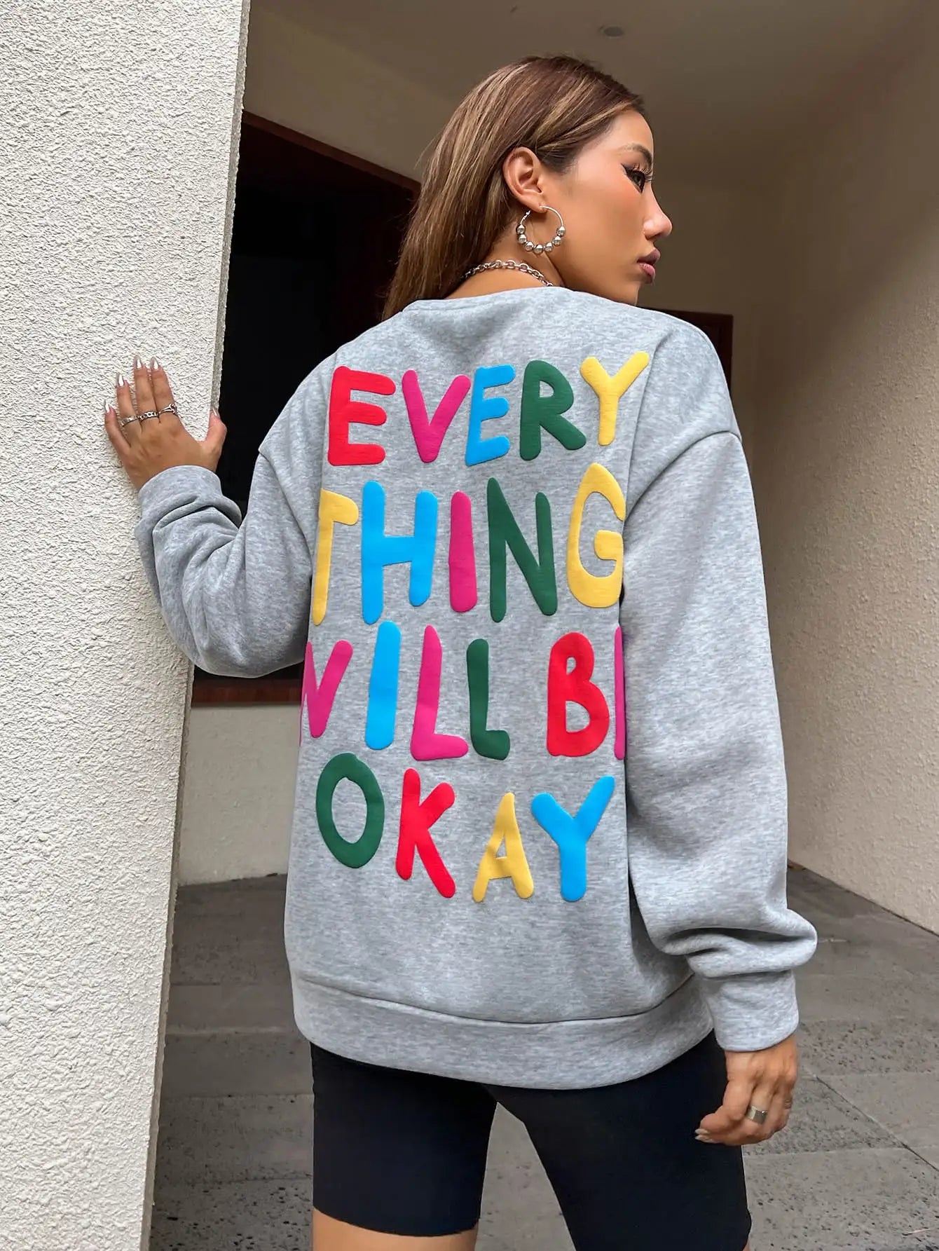 Fashion Womans Sweatshirt Everything Will Be Okay Letter Printed Pullover Loose Warm Crewneck Hoodies Casual Female Clothing