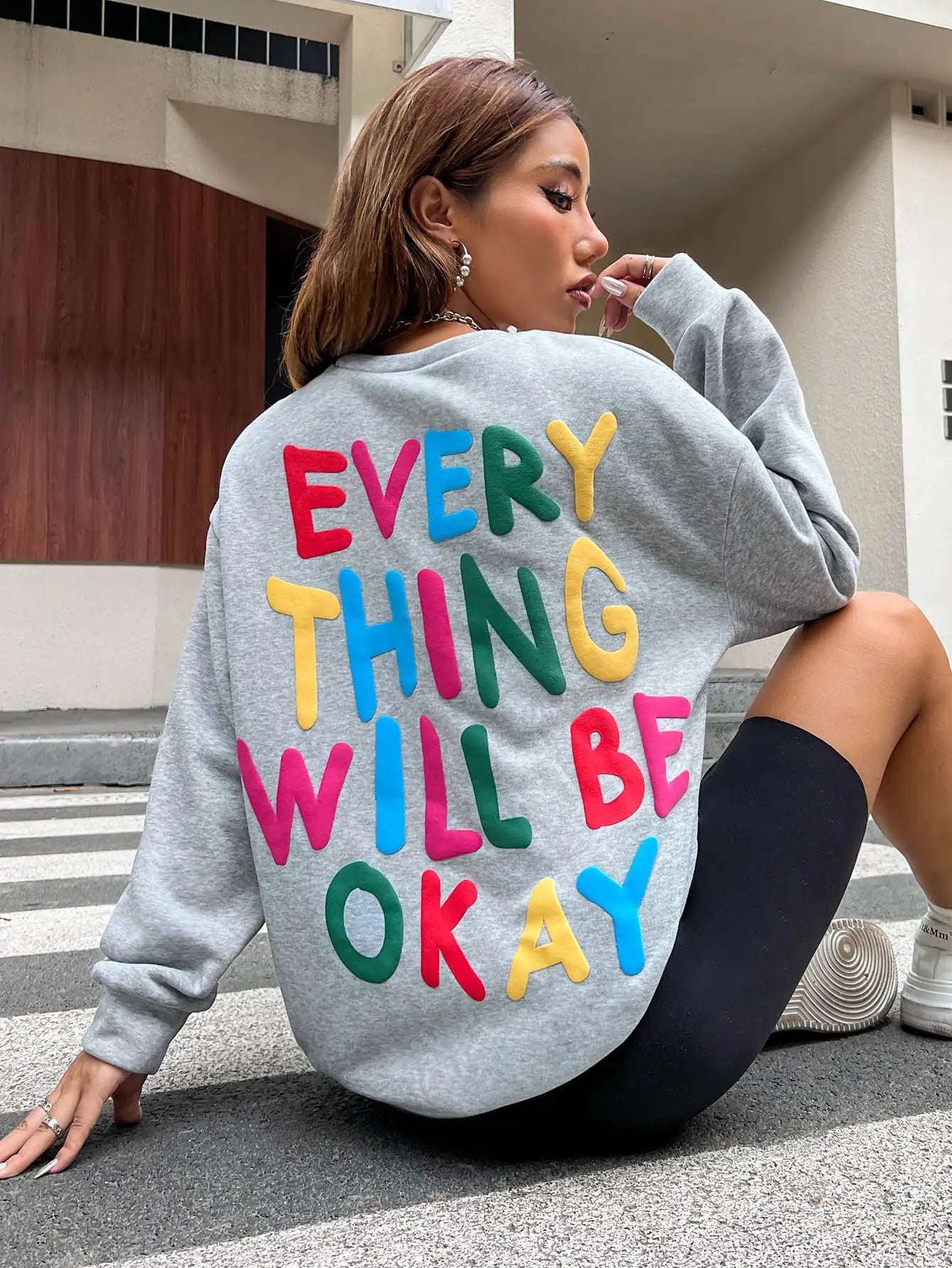 Fashion Womans Sweatshirt Everything Will Be Okay Letter Printed Pullover Loose Warm Crewneck Hoodies Casual Female Clothing