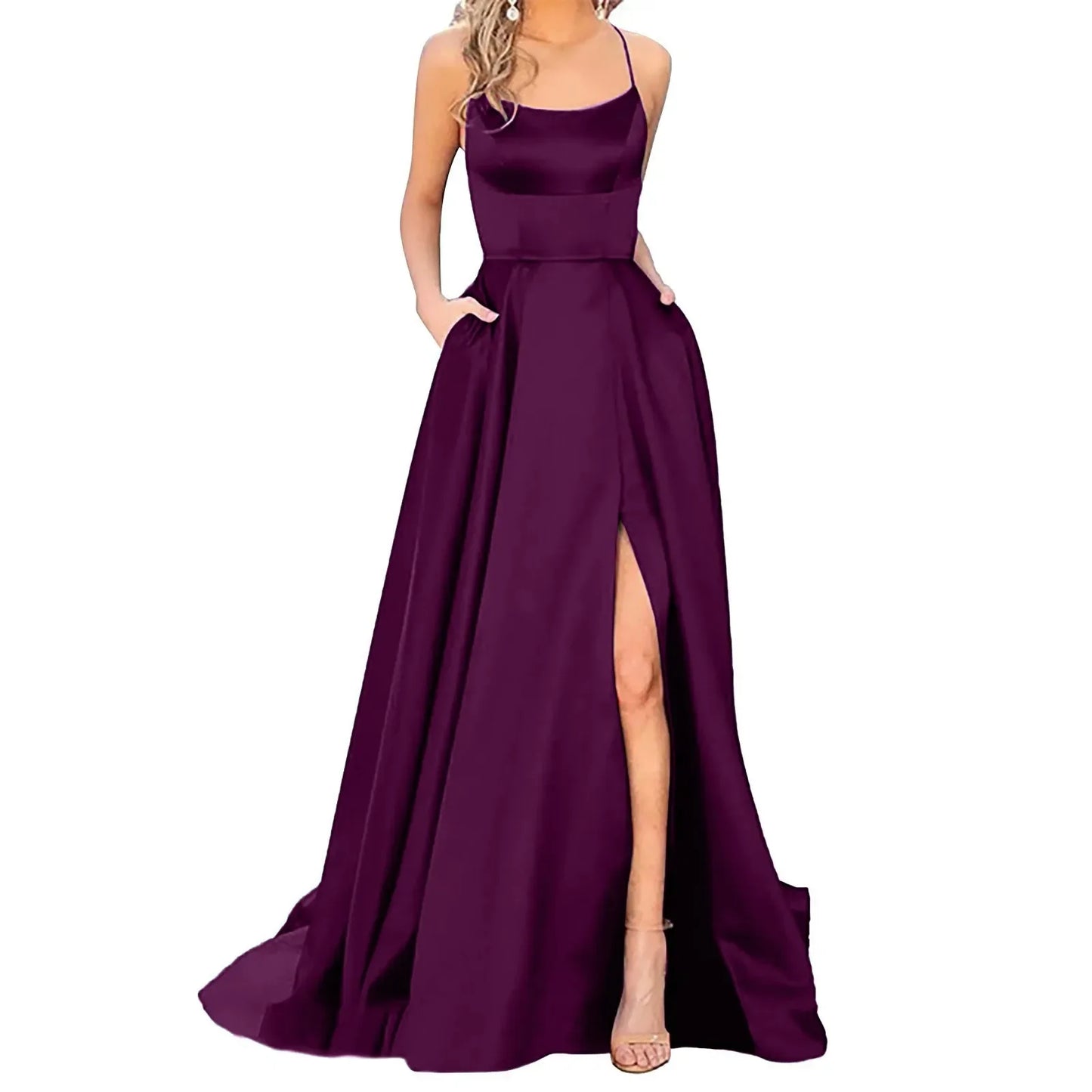 2025 Sexy V Neck Satin Evening Dresses Spaghetti Strap Side Slit Prom Dress High Waist Evening Gowns Party Dress Robe de soiree