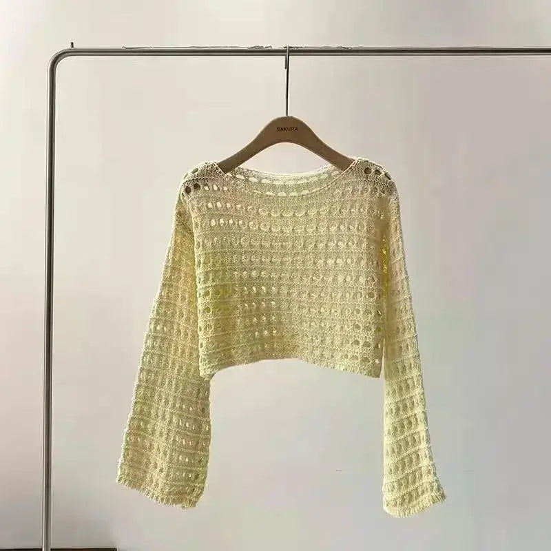 2024 Y2K Long Sleeve Crochet Knit Top Summer Beach Bikini Cover Up Crop Pullover Wool Knitwear Blouse Women Vacation Boho Outfit