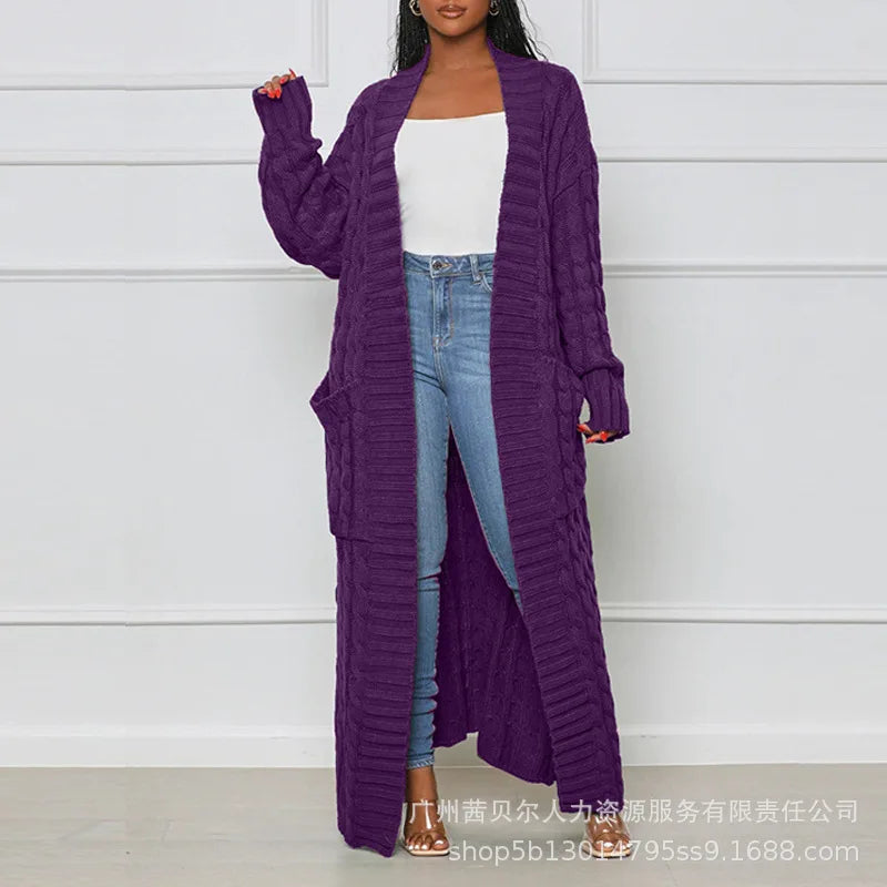 Open Front Cable Knit Longline Cardigan Women Long Sleeve Loose Fashion Casual Open Cardigan Knitwear Solid Color