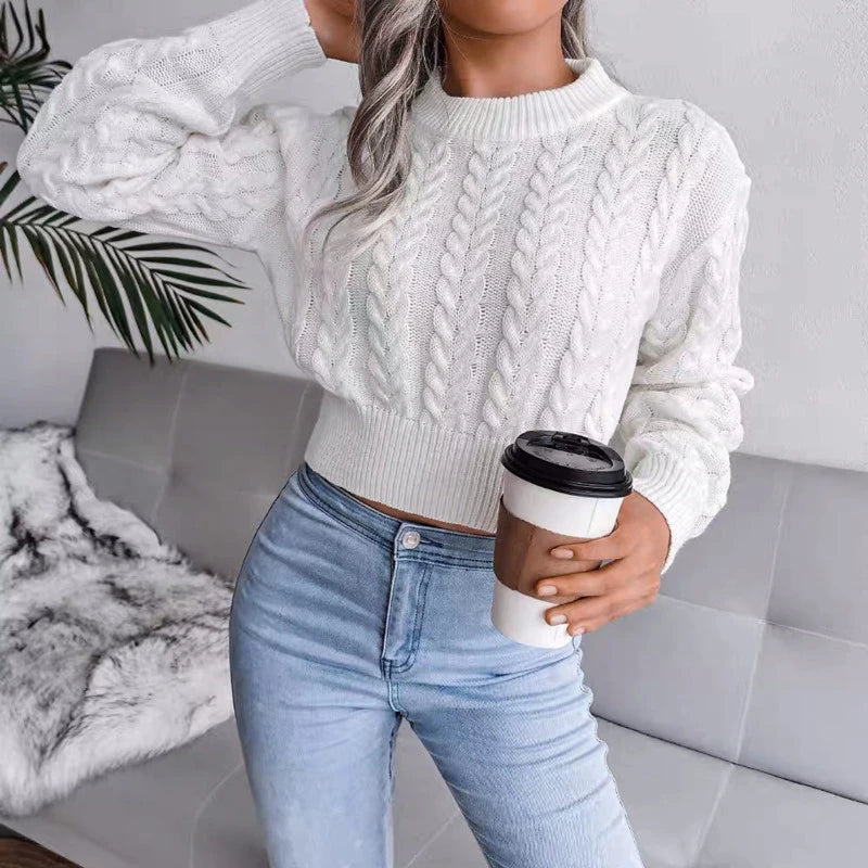 Women Sweater Casual Pullovers Autumn Winter Basics Knitted Short Crop Top Solid Long Sleeve Elegance Sweet Woman Clothing