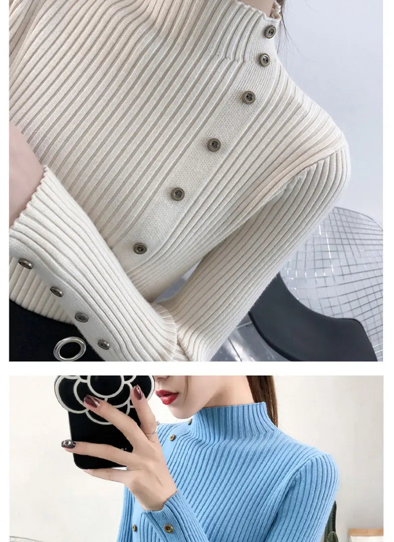 2024 Women Autumn Knitted Slim Sweaters Solid Knitted Female Cotton Soft Elastic Color Pullovers Button Full Sleeve Turtleneck