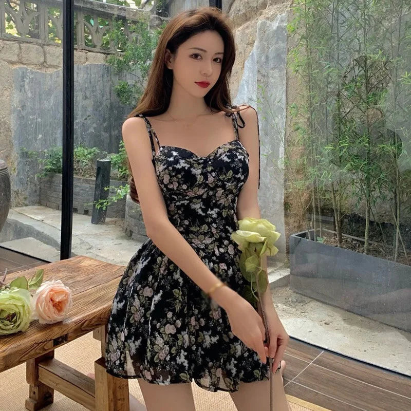 Fashion Bandage Flower Printed Slip Dresses Sweet Women's Sleeveless Elegant Dress Slim Fit Vintage Summer Outfit Evening Dress