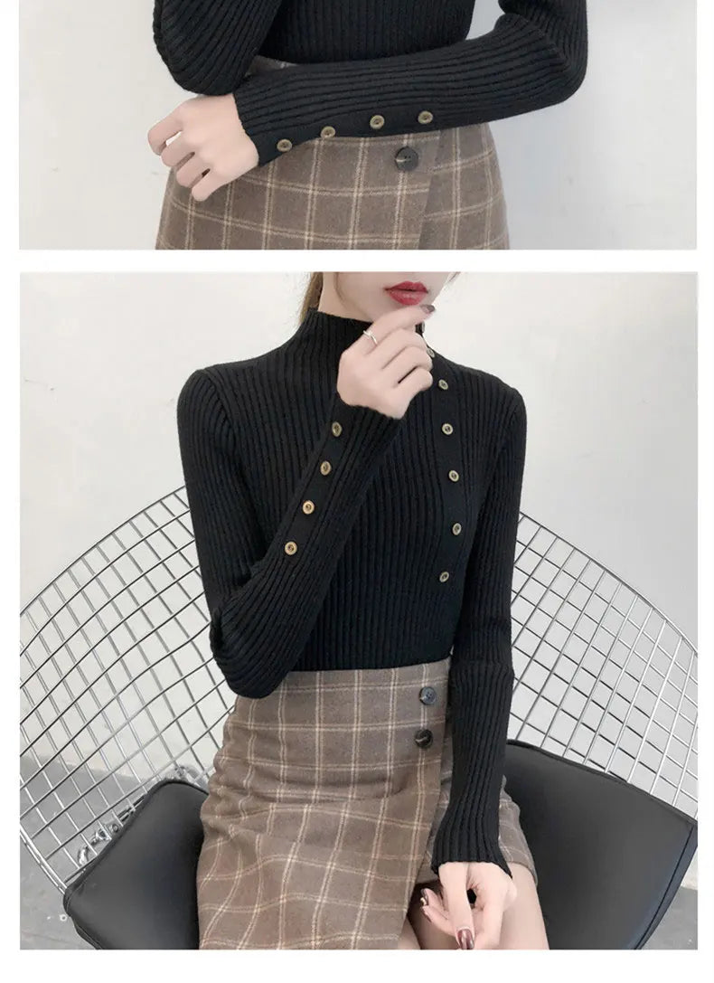 2024 Women Autumn Knitted Slim Sweaters Solid Knitted Female Cotton Soft Elastic Color Pullovers Button Full Sleeve Turtleneck