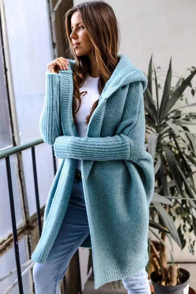 2024 Autumn Winter Cozy Chic Hooded Cardigan Women's Casual Knit Sweater Coat Elegant Batwing Sleeve Pocket Long Jacket Jumpers