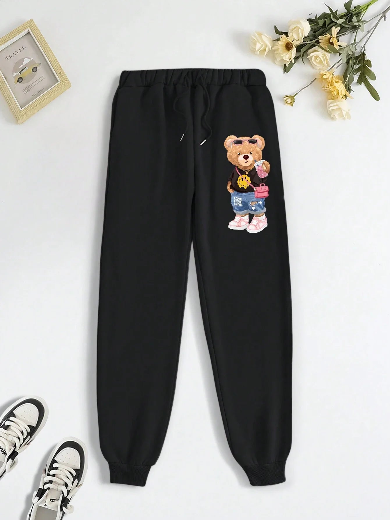 Carton Pattern Bear Printing Casual Basic Women Britches, Loose Fashion Trousers With Drawstring Pockets Sweatpants Female New