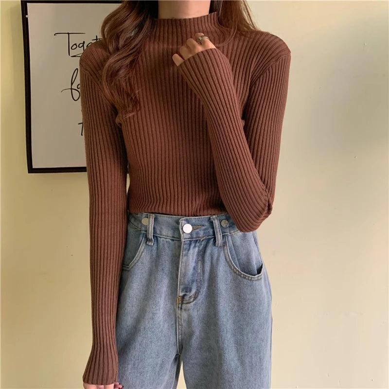 Autumn Winter Knitted Sweater Women Pullovers Korean Turtleneck Long Sleeve Pullover Female Jumper Green Knitwear Chic Jumpers