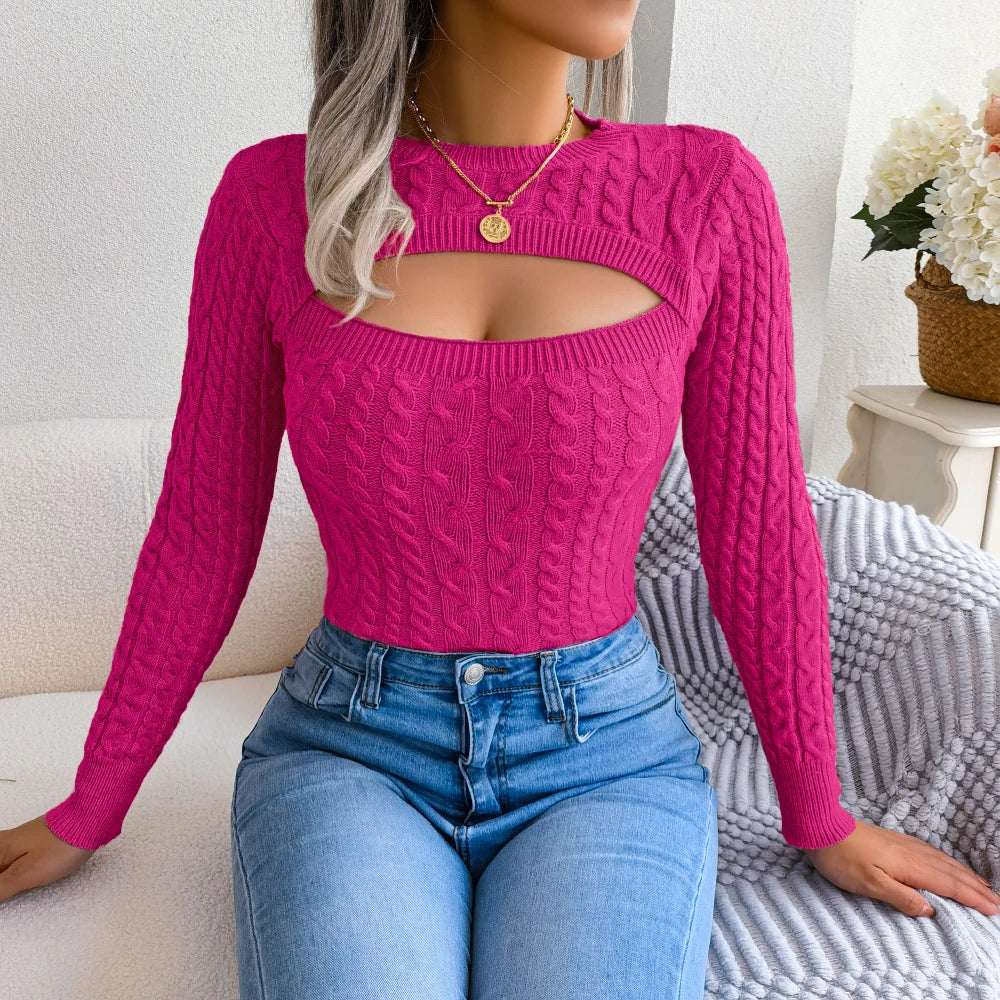 Sexy Hollow Out Sweater Women 2023 Autumn Winter Long Sleeve Knitted Pullovers Black Pink Green Pruple