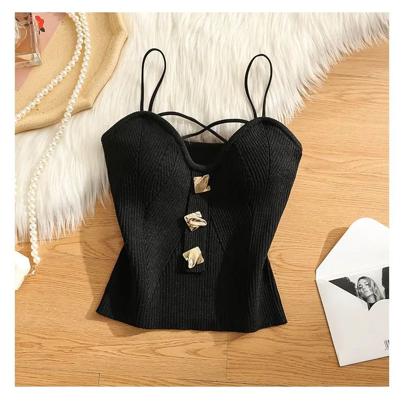 Knitted Camisole Tank Top Women's Summer Outerwear Sexy and Spicy Girl's Inner Layer with A Bottom Top