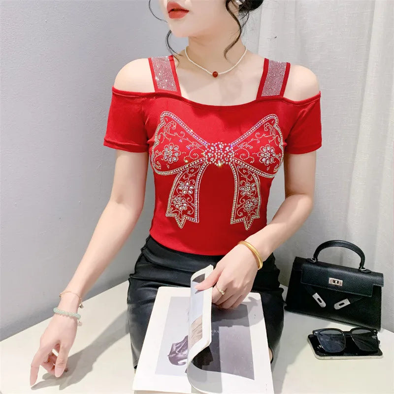 M-3XL Streetwear Girl Summer Cartoon Design Hot Diamonds T-Shirt Women Sexy Off Shoulder Slim Mesh Tops Chic Luxury Flower Tees