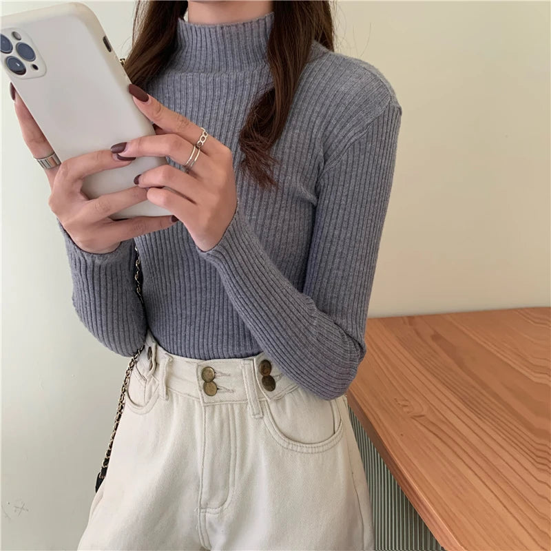 Autumn Winter Knitted Sweater Women Pullovers Korean Turtleneck Long Sleeve Pullover Female Jumper Green Knitwear Chic Jumpers