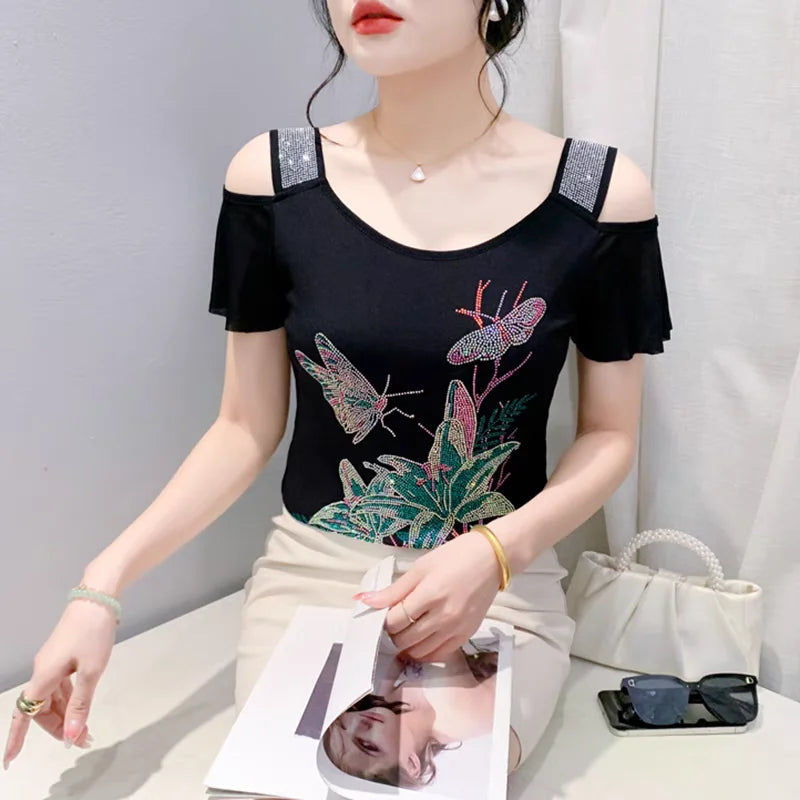 M-3XL Streetwear Girl Summer Cartoon Design Hot Diamonds T-Shirt Women Sexy Off Shoulder Slim Mesh Tops Chic Luxury Flower Tees