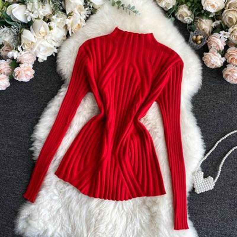 Knitted Sweater Women Pullover 2023 Half Turtleneck Jumper Sweater Autumn Winter Solid Slim Chic Streetwear Long Sleeve Top Y2K