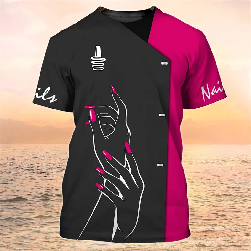 Manicure Pattern T-Shirt For Women Fingernail Polish 3D Printed Tees Summer Loose Tops Uniforms Short Sleeves O-Neck T Shirts