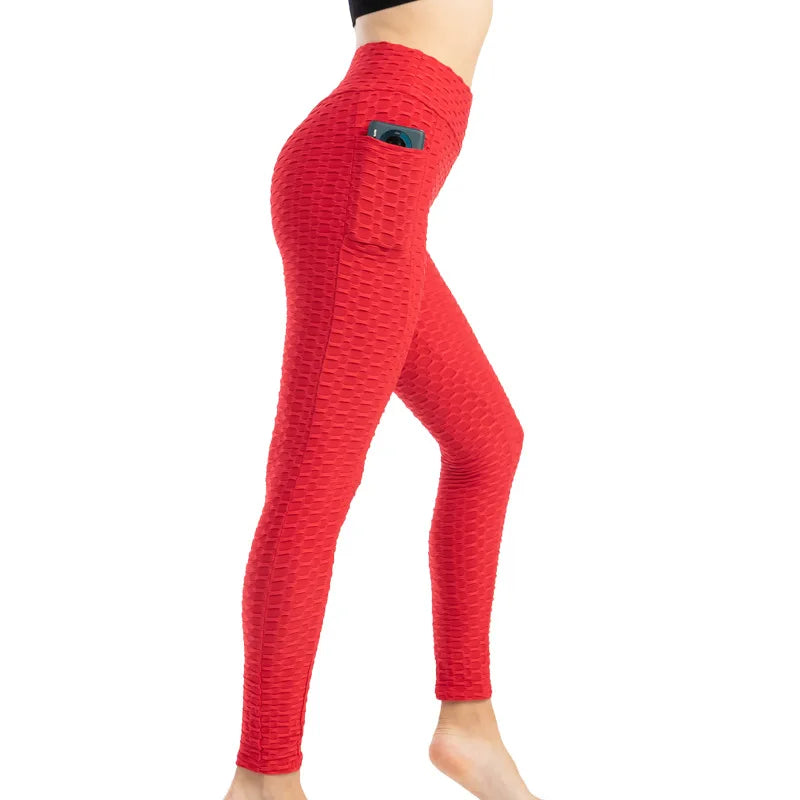 Women Fashion Pocket Bubble Pants Stretchy Slim Leggings Gym Running Cycling Fitness Pants High Waist Hip Lift Leggings Female