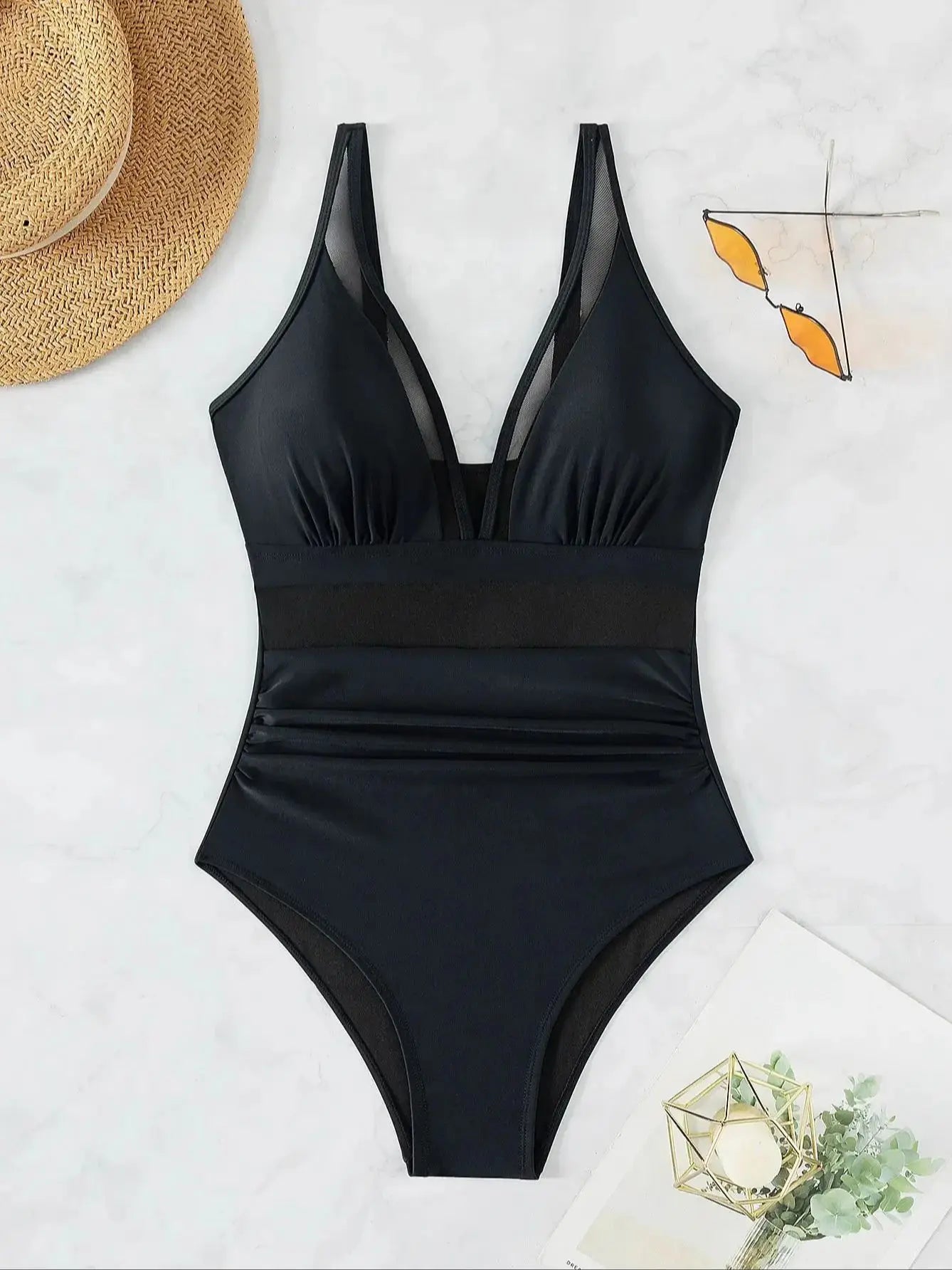 Women's One Piece Swimwear Sexy Mesh Patchwork Swimsuit Adjustable Straps Bikini Set Push Up Beach Suit